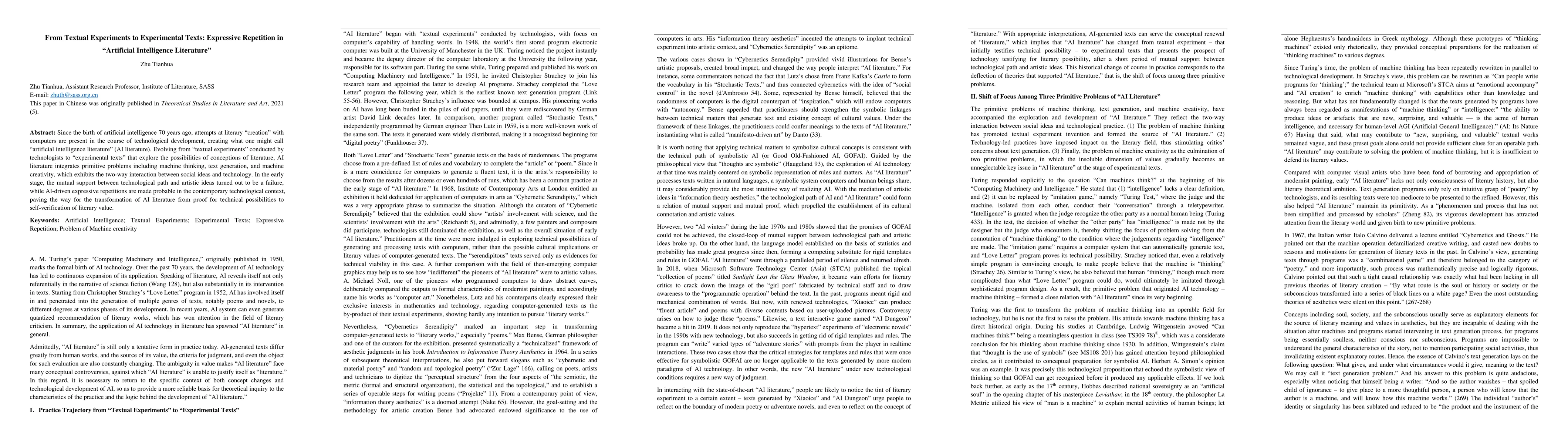 Thumbnail for From Textual Experiments to Experimental Texts: Expressive Repetition in
  "Artificial Intelligence Literature"