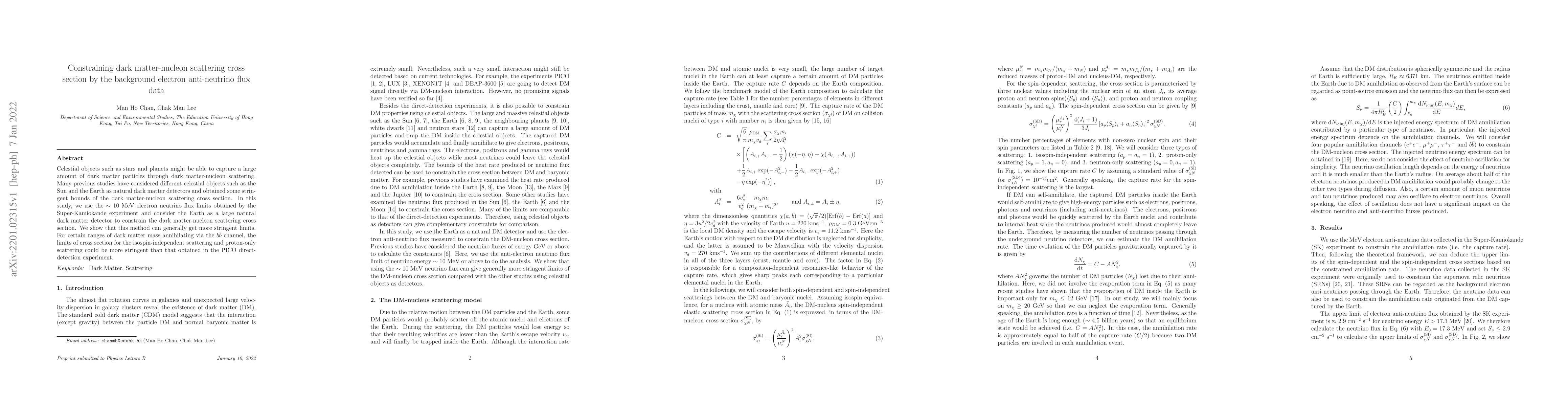Thumbnail for Constraining dark matter-nucleon scattering cross section by the
  background electron anti-neutrino flux data