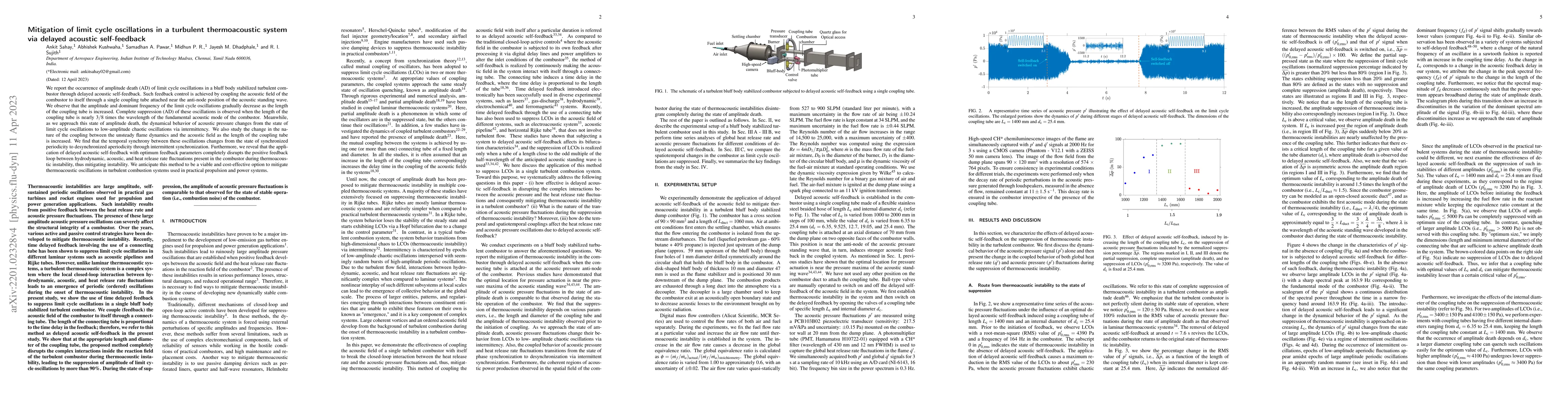 Thumbnail for Mitigation of limit cycle oscillations in a turbulent thermoacoustic
  system via delayed acoustic self-feedback