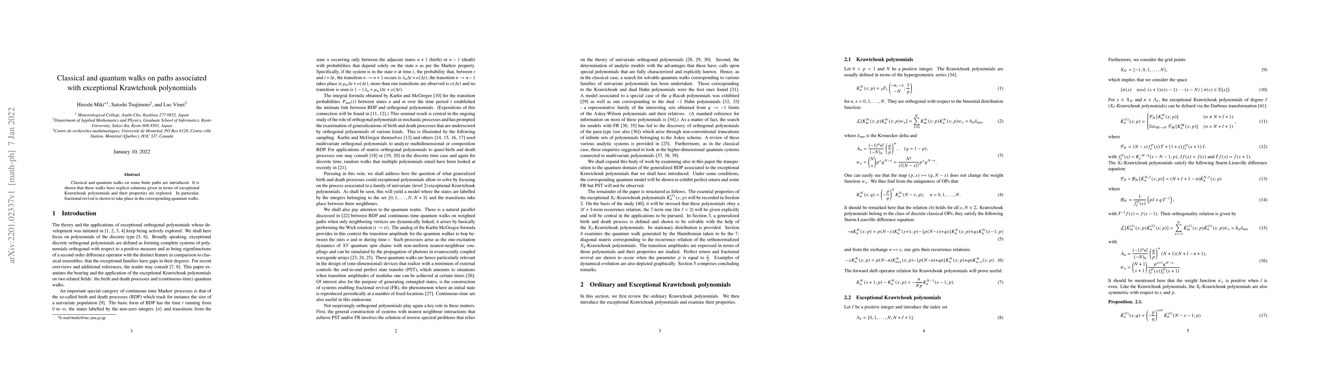 Thumbnail for Classical and quantum walks on paths associated with exceptional
  Krawtchouk polynomials