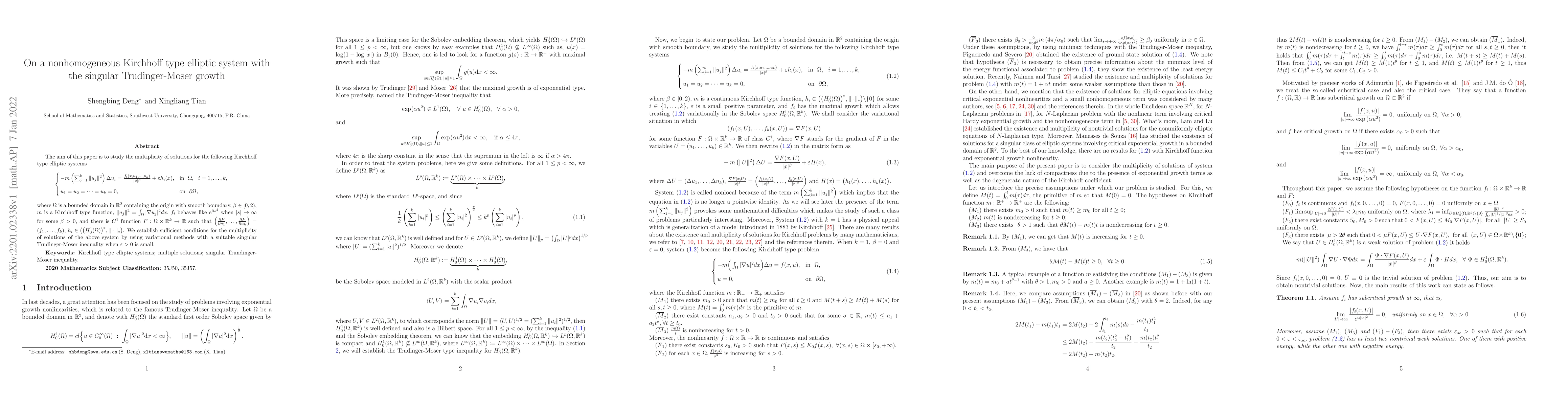 Thumbnail for On a nonhomogeneous Kirchhoff type elliptic system with the singular
  Trudinger-Moser growth