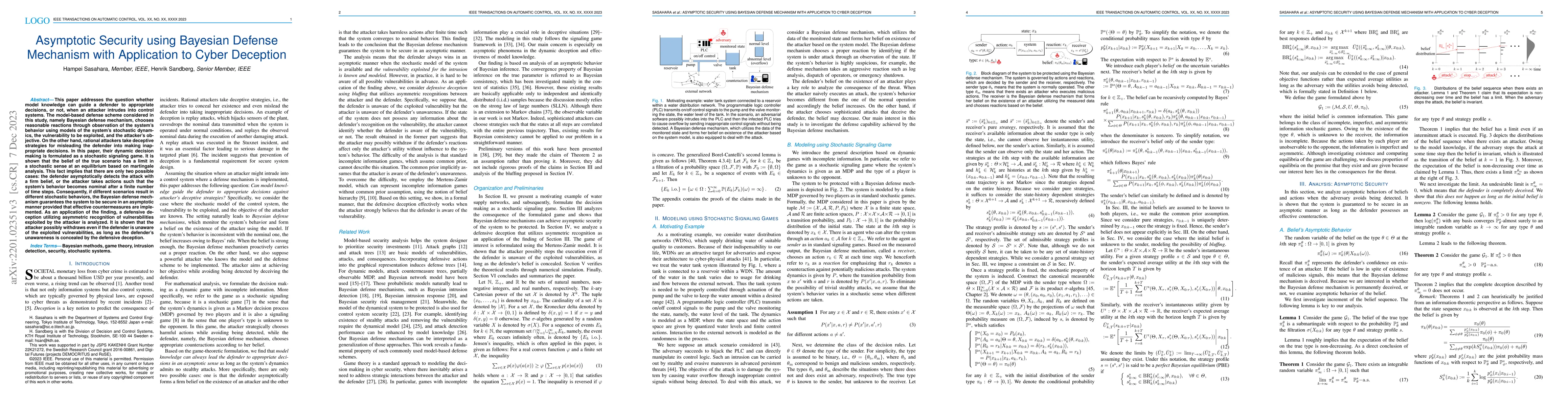 Thumbnail for Asymptotic Security using Bayesian Defense Mechanism with Application to
  Cyber Deception