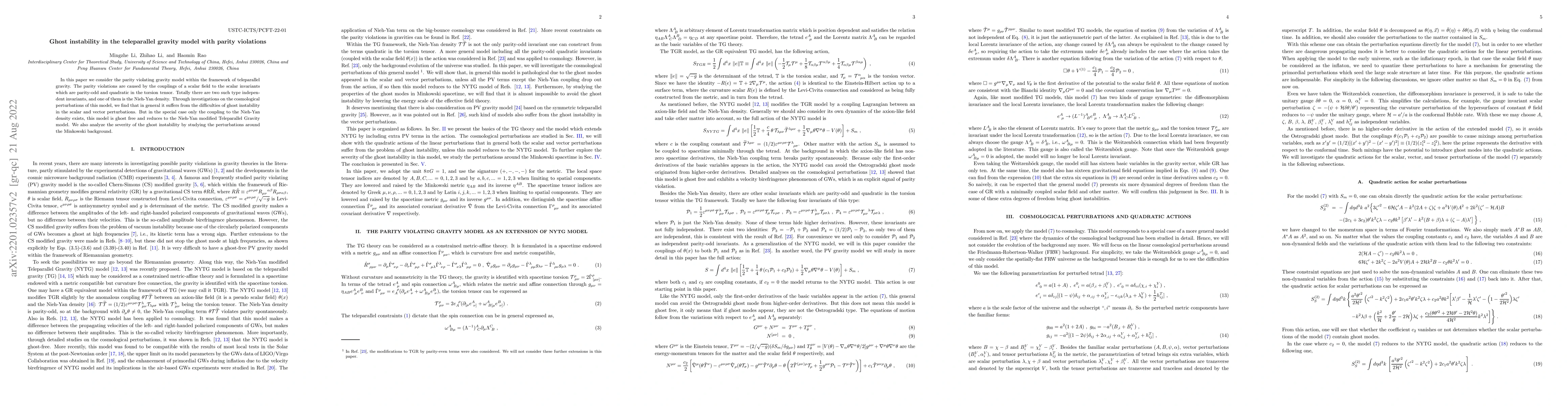 Thumbnail for Ghost instability in the teleparallel gravity model with parity
  violations