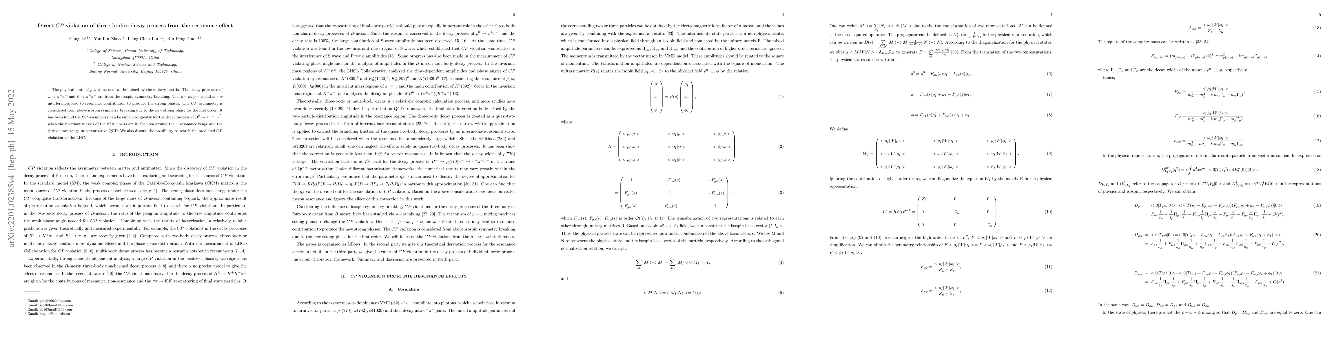 Thumbnail for Direct $CP$ violation of three bodies decay process from the resonance
  effect