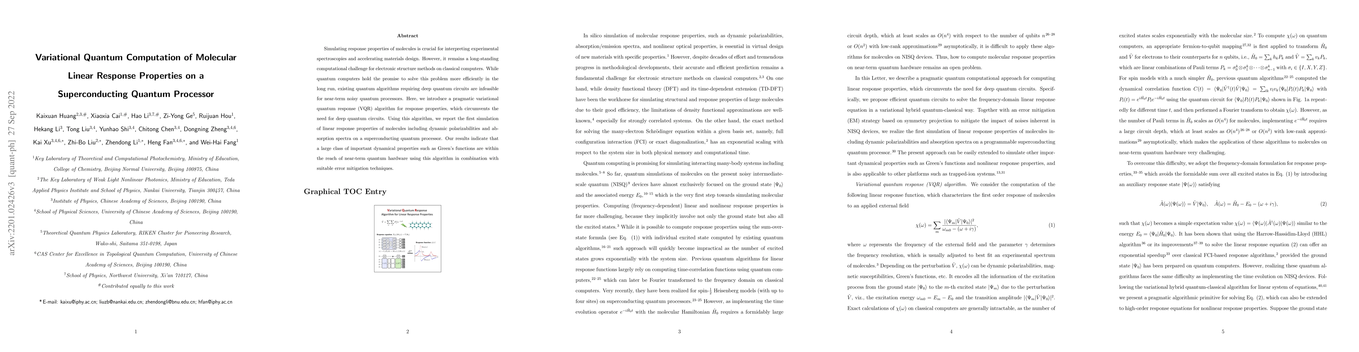 Thumbnail for Variational Quantum Computation of Molecular Linear Response Properties
  on a Superconducting Quantum Processor