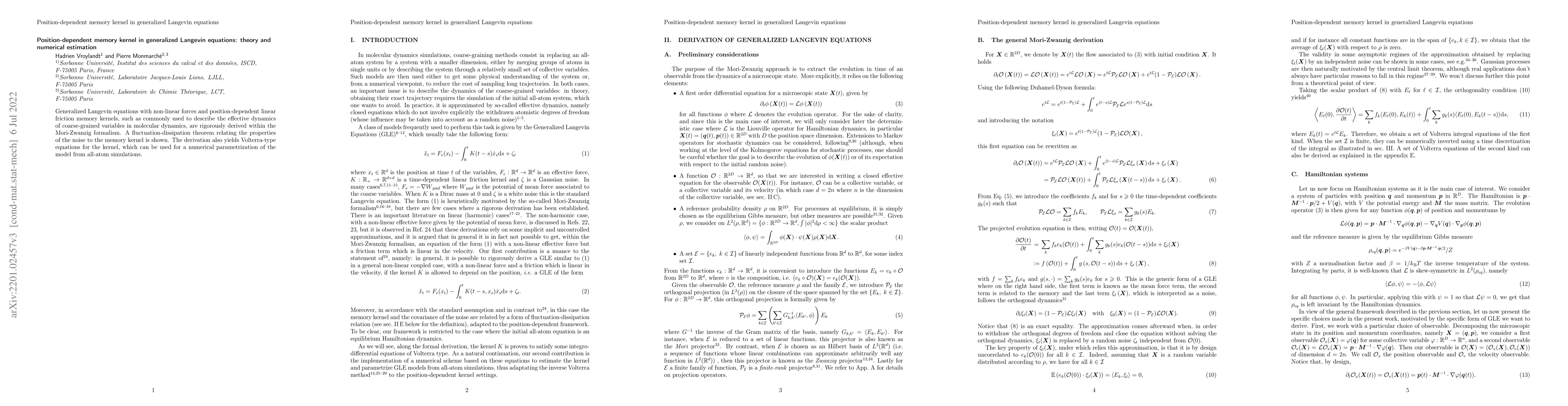 Thumbnail for Position-dependent memory kernel in generalized Langevin equations:
  theory and numerical estimation
