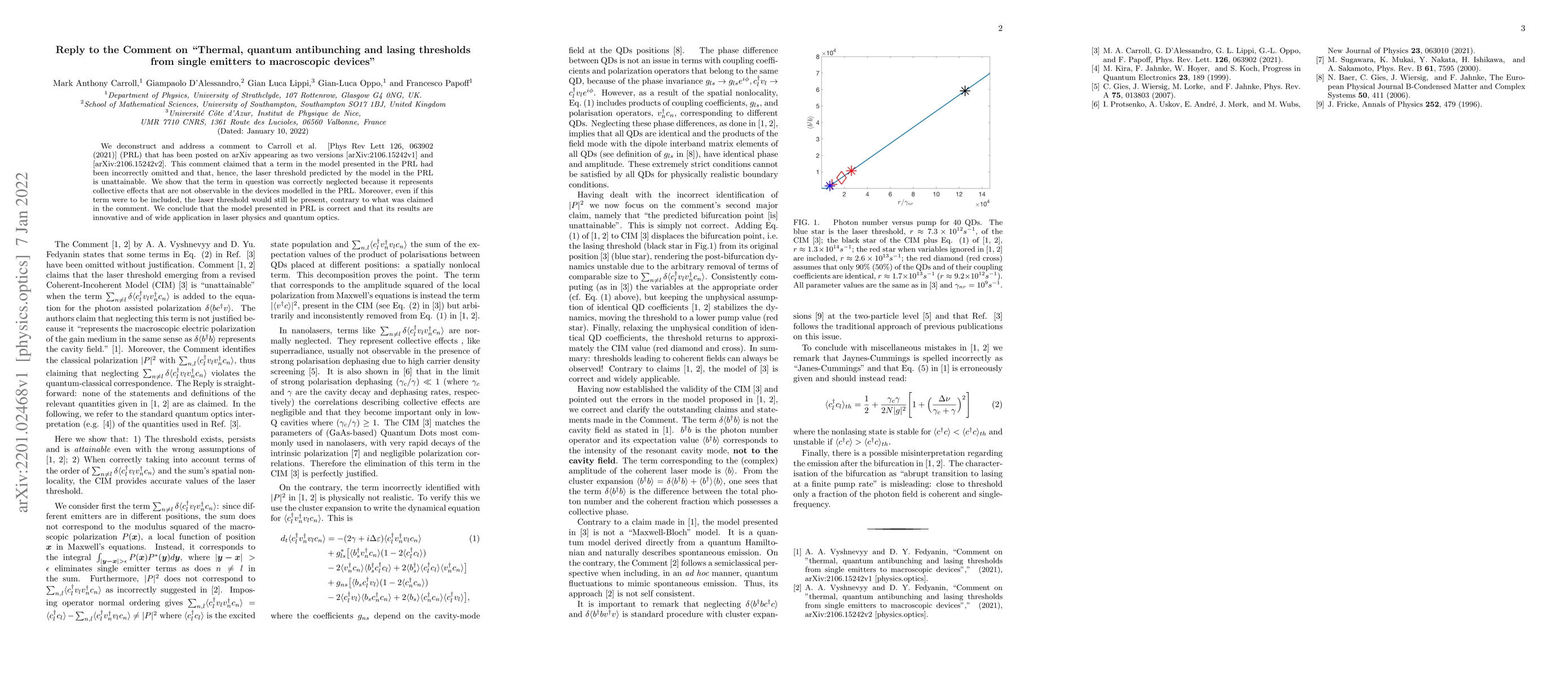Thumbnail for Reply to the Comment on "Thermal, quantum antibunching and lasing
  thresholds from single emitters to macroscopic devices"