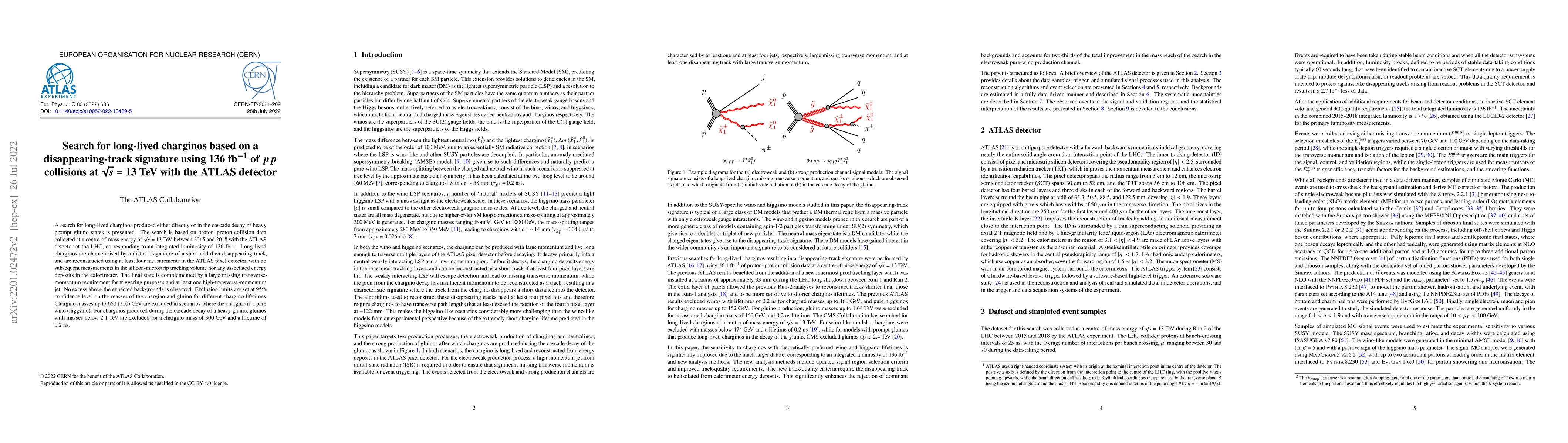 Thumbnail for Search for long-lived charginos based on a disappearing-track signature
  using 136 fb$^{-1}$ of $pp$ collisions at $\sqrt{s}$ = 13 TeV with the ATLAS
  detector