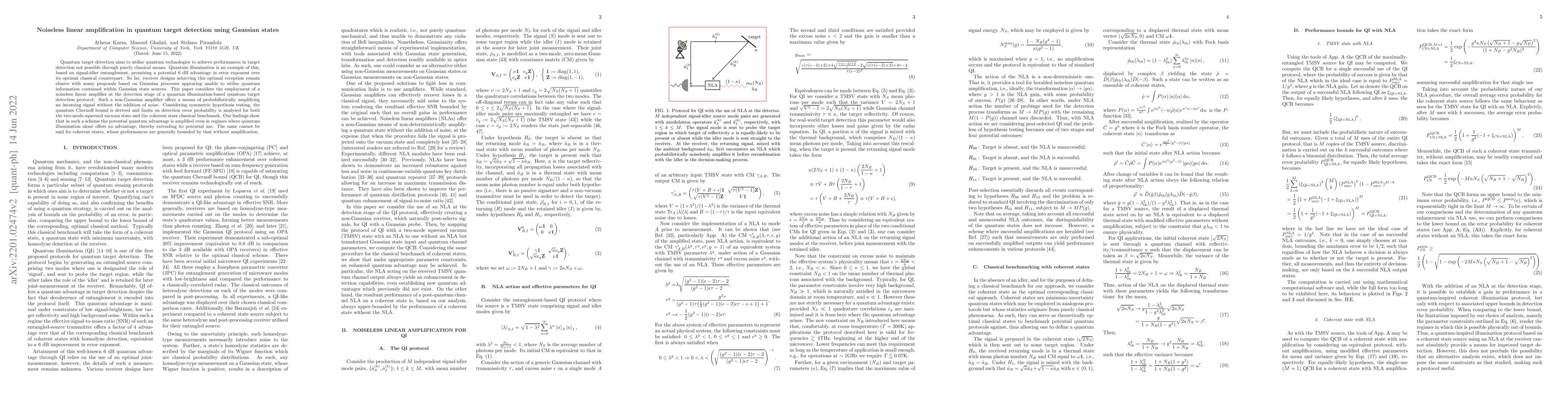 Thumbnail for Noiseless linear amplification in quantum target detection using
  Gaussian states
