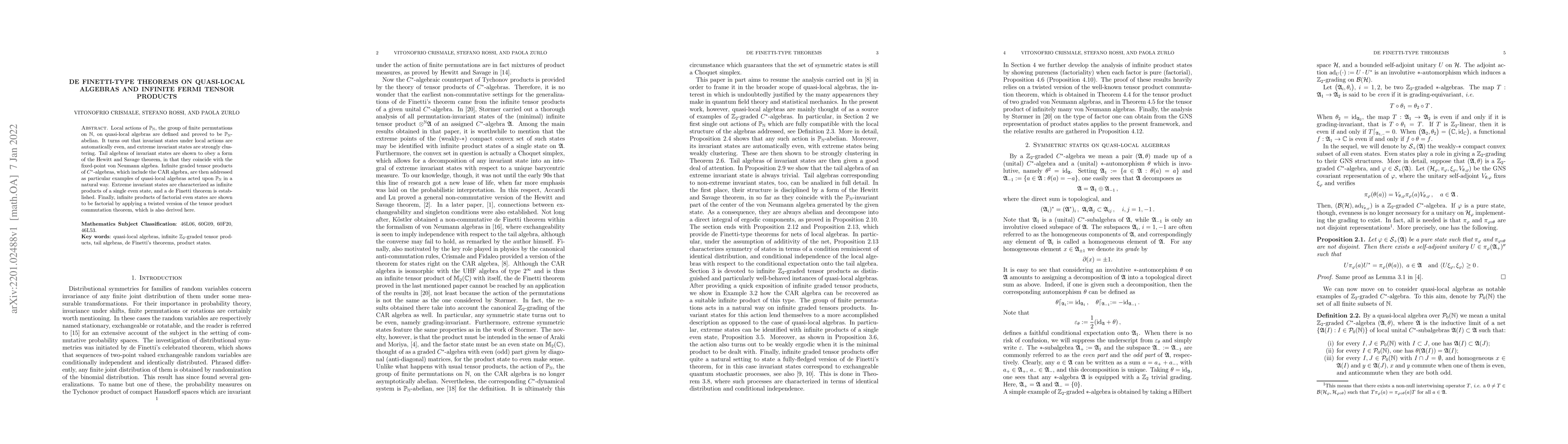 Thumbnail for de Finetti-type theorems on quasi-local algebras and infinite Fermi
  tensor products