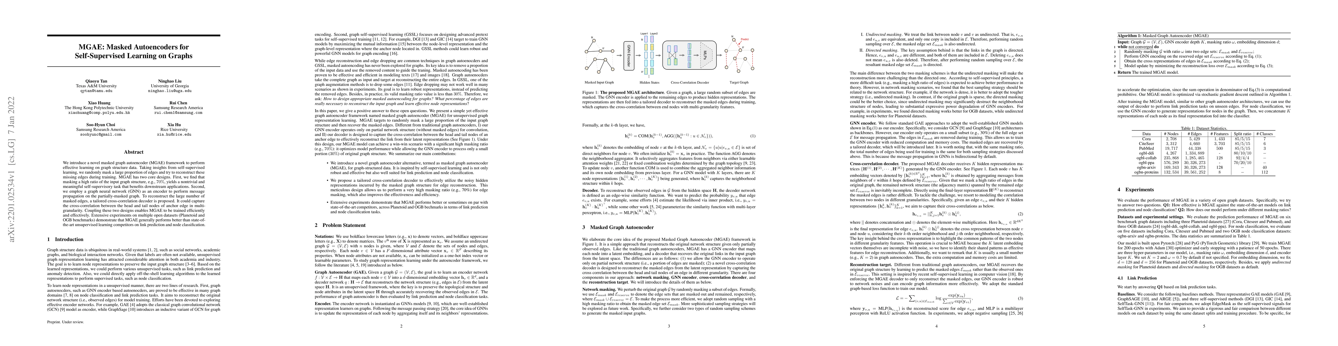 Thumbnail for MGAE: Masked Autoencoders for Self-Supervised Learning on Graphs