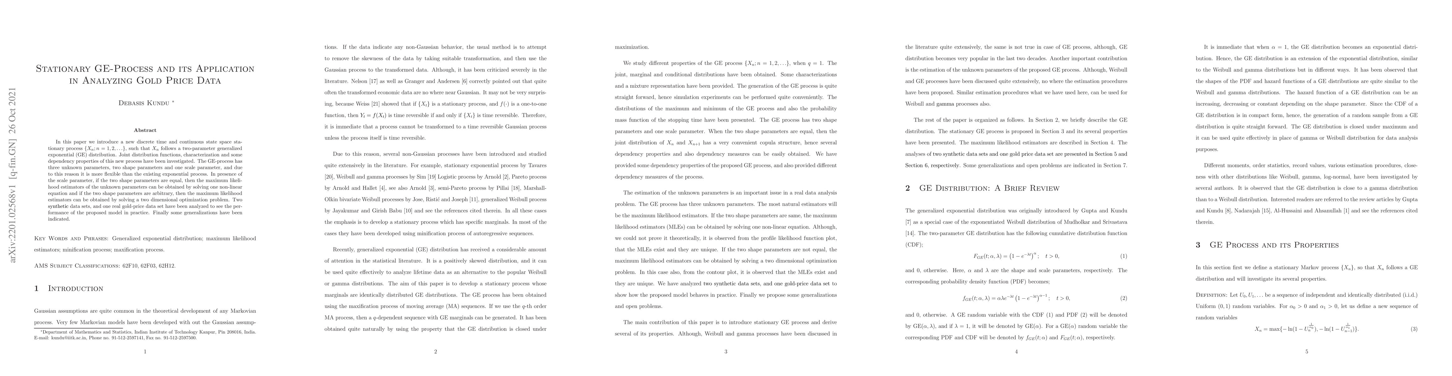 Thumbnail for Stationary GE-Process and its Application in Analyzing Gold Price Data
