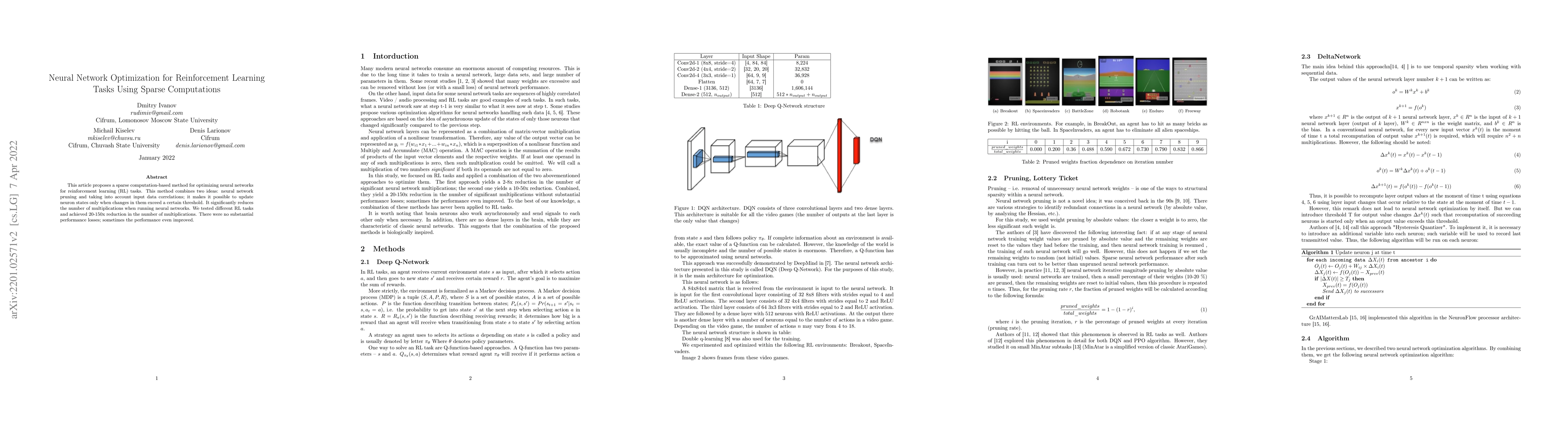 Thumbnail for Neural Network Optimization for Reinforcement Learning Tasks Using
  Sparse Computations
