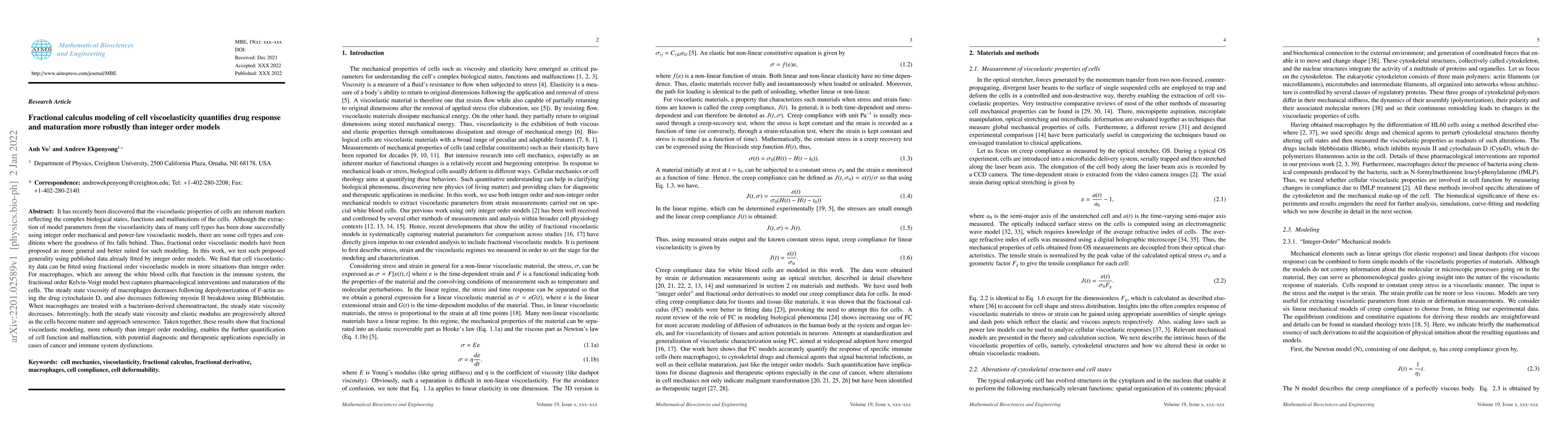 Thumbnail for Fractional calculus modeling of cell viscoelasticity quantifies drug
  response and maturation more robustly than integer order models