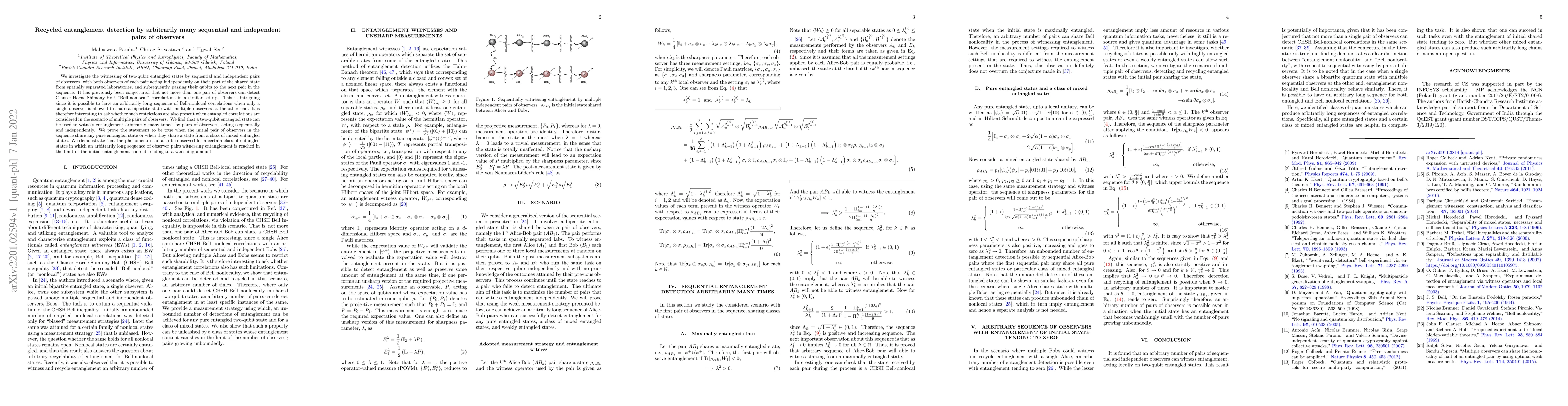 Thumbnail for Recycled entanglement detection by arbitrarily many sequential and
  independent pairs of observers