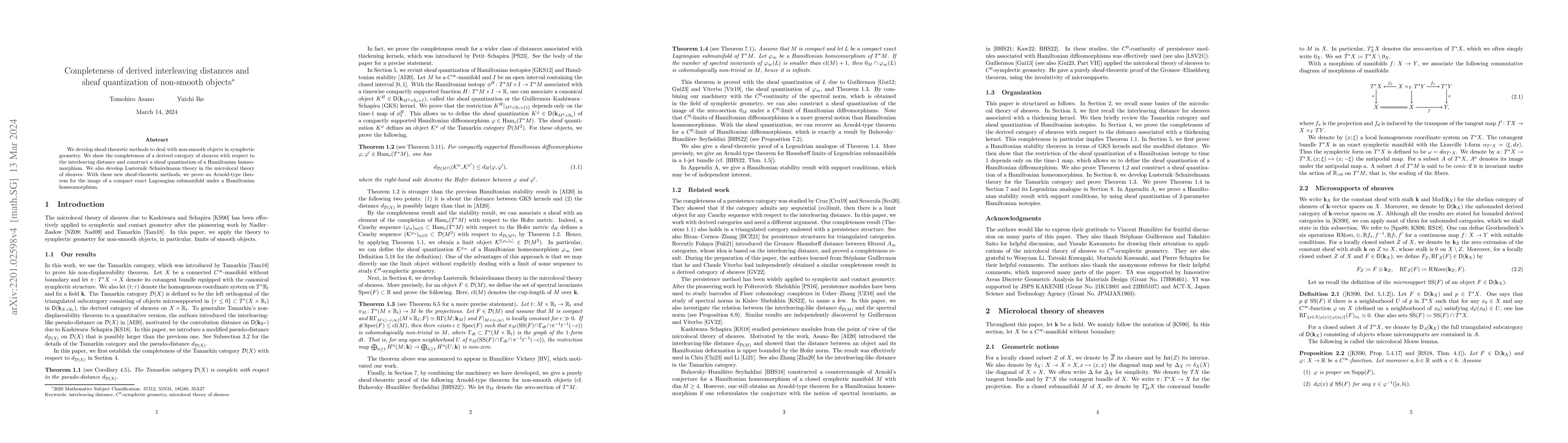 Thumbnail for Completeness of derived interleaving distances and sheaf quantization of
  non-smooth objects
