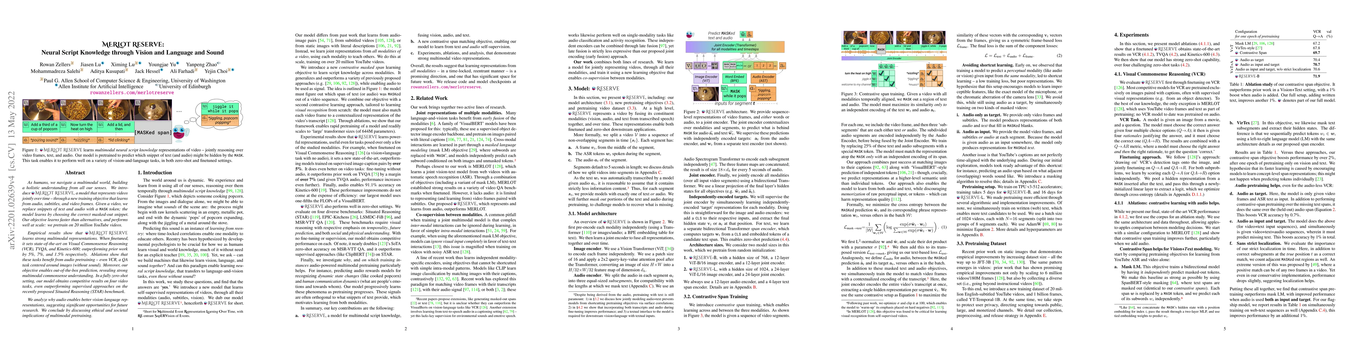 Thumbnail for MERLOT Reserve: Neural Script Knowledge through Vision and Language and
  Sound