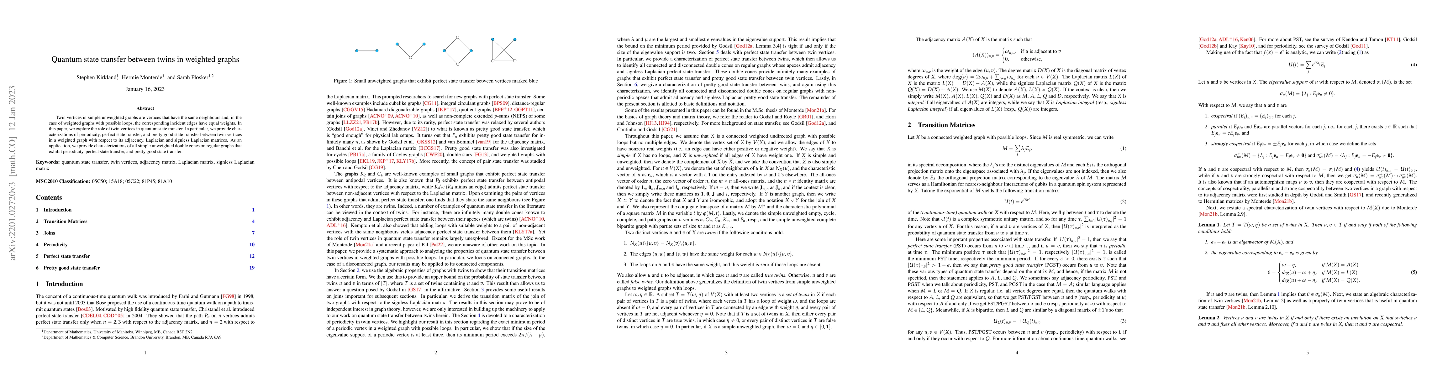 Thumbnail for Quantum state transfer between twins in weighted graphs