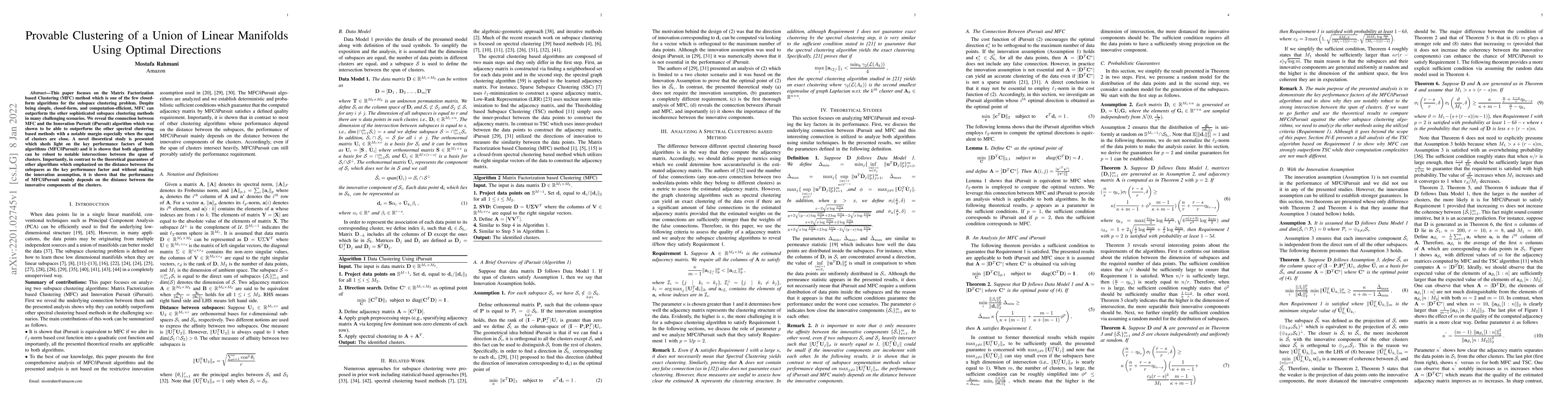 Thumbnail for Provable Clustering of a Union of Linear Manifolds Using Optimal
  Directions
