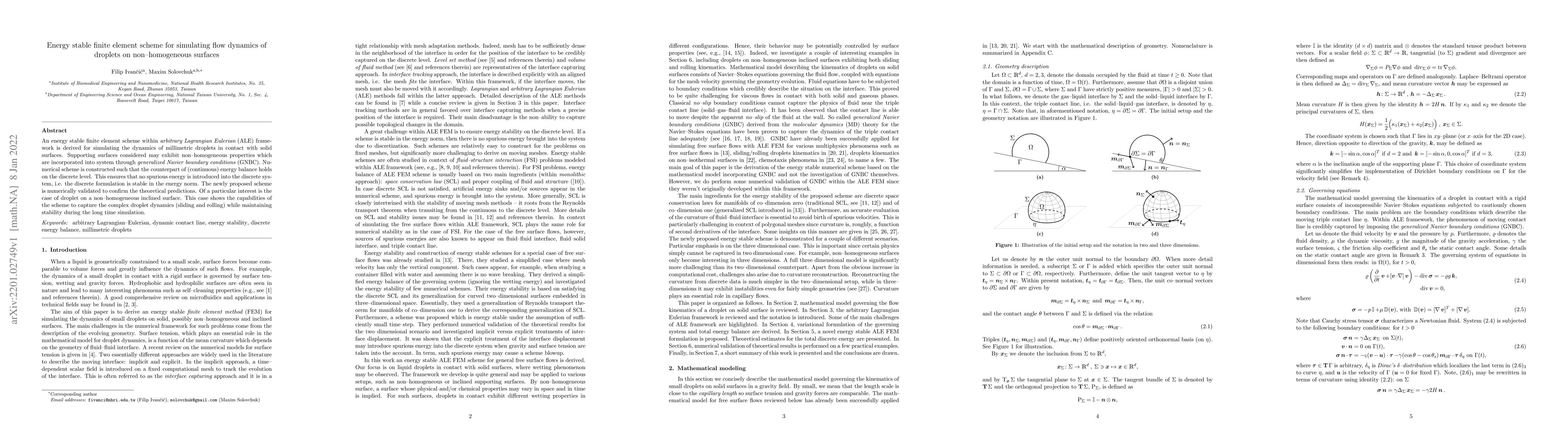 Thumbnail for Energy stable finite element scheme for simulating flow dynamics of
  droplets on non-homogeneous surfaces