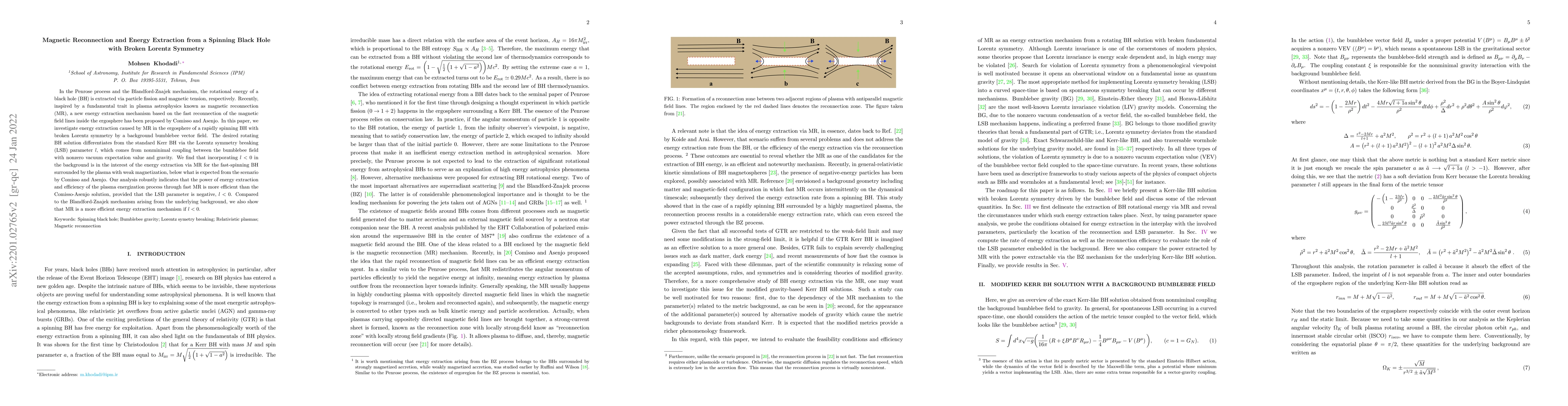 Thumbnail for Magnetic Reconnection and Energy Extraction from a Spinning Black Hole
  with Broken Lorentz Symmetry