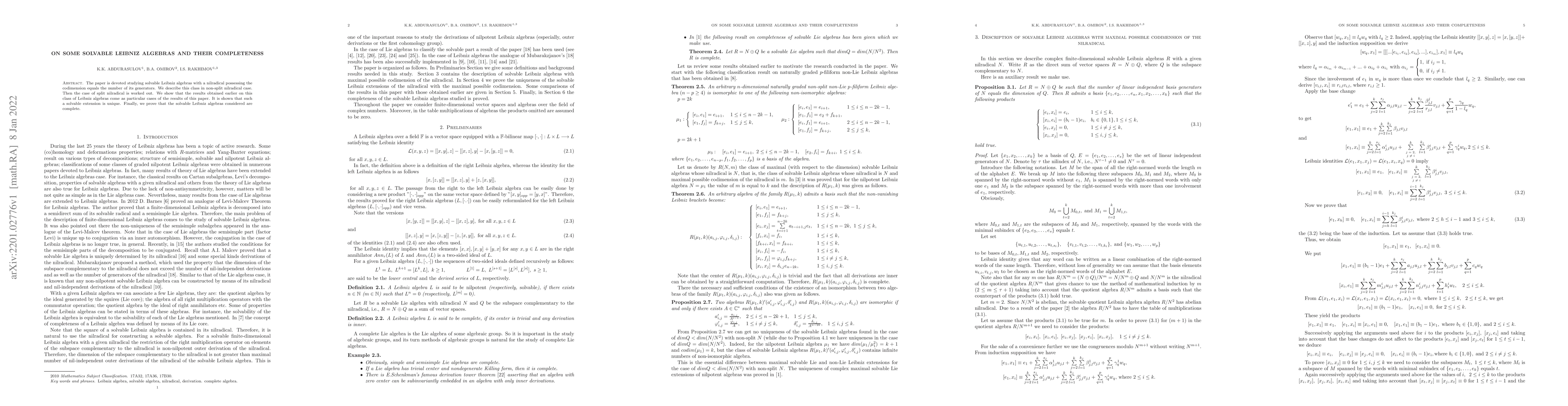 Thumbnail for On some solvable Leibniz algebras and their completeness