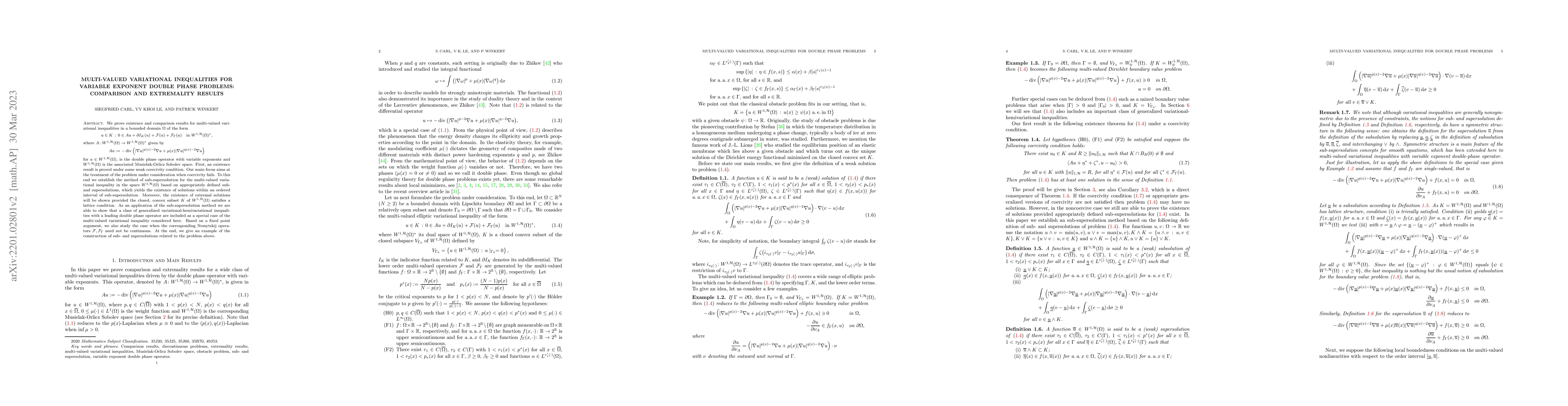 Thumbnail for Multi-valued variational inequalities for variable exponent double phase
  problems: comparison and extremality results