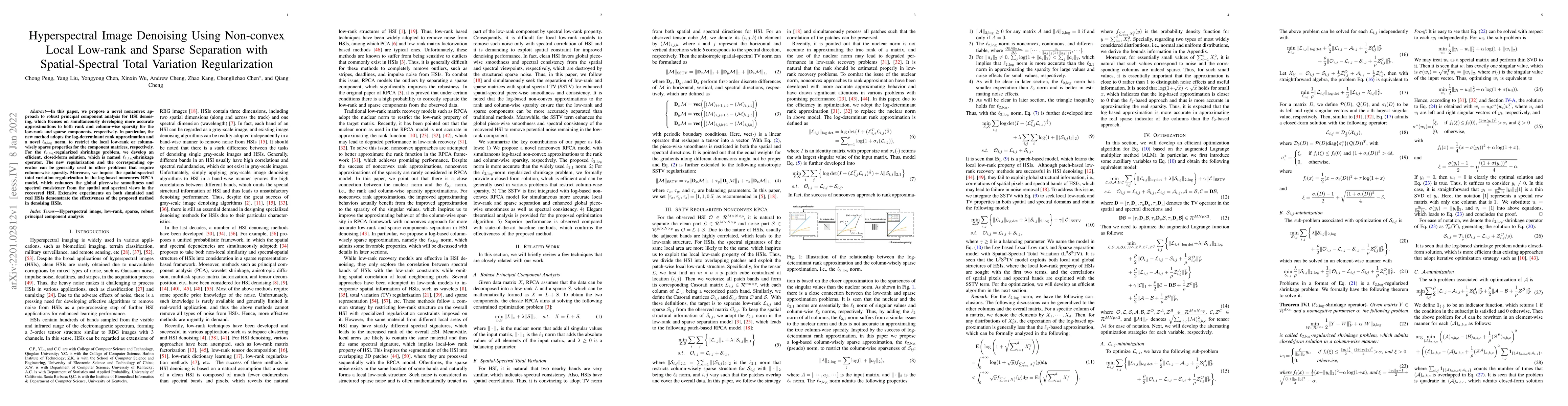 Thumbnail for Hyperspectral Image Denoising Using Non-convex Local Low-rank and Sparse
  Separation with Spatial-Spectral Total Variation Regularization