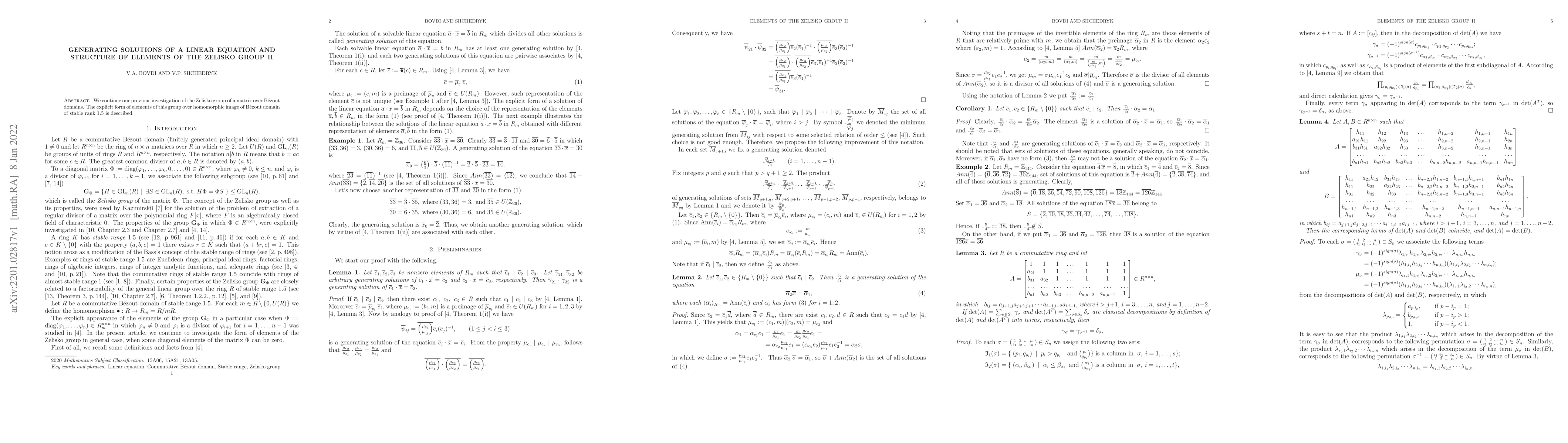 Thumbnail for Generating solutions of a linear equation and structure of elements of
  the Zelisko group II