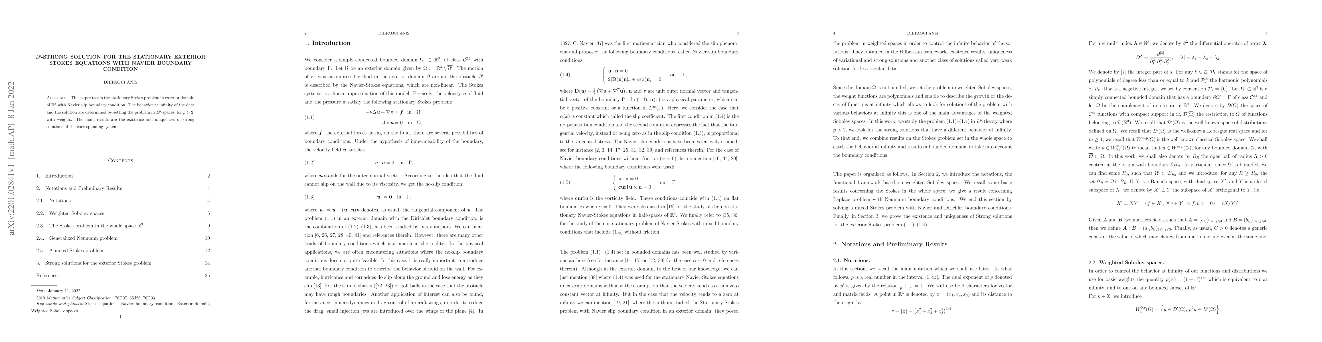 Thumbnail for $L^p$-Strong solution for the stationary exterior Stokes equations with
  Navier boundary condition