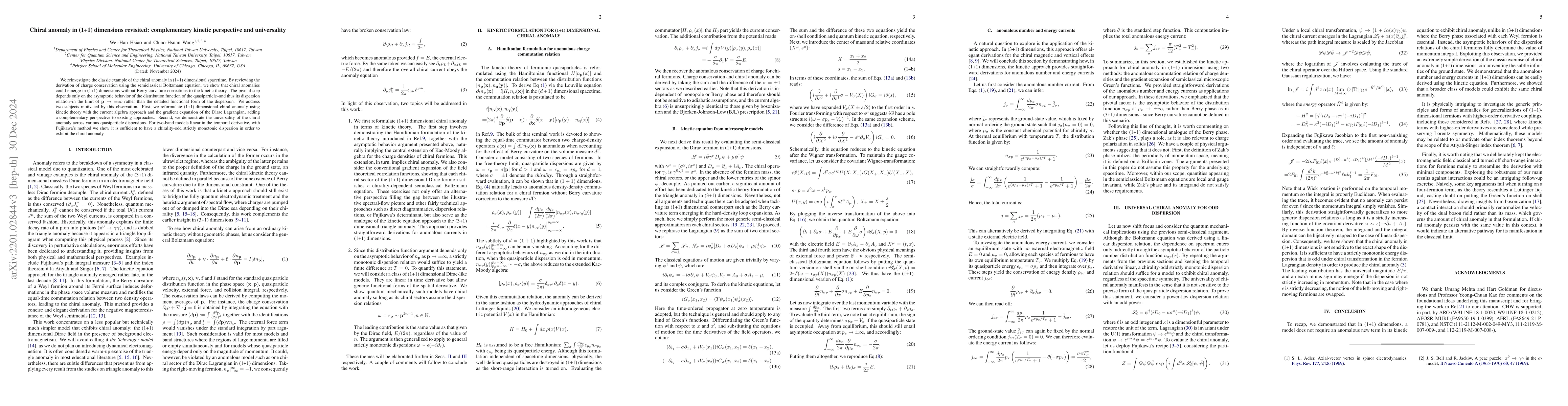 Thumbnail for Chiral anomaly in (1+1) dimensions revisited: complementary kinetic
  perspective and universality