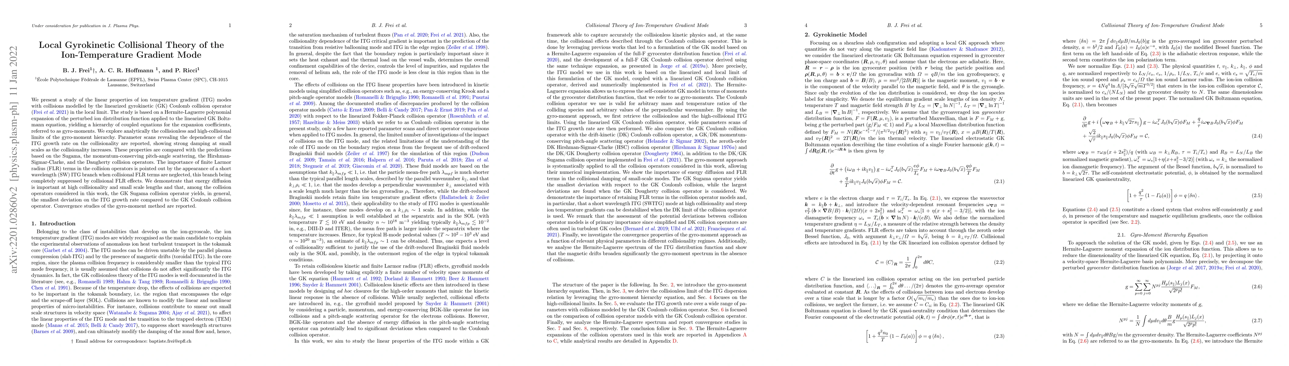 Thumbnail for Local Gyrokinetic Collisional Theory of the Ion-Temperature Gradient
  Mode