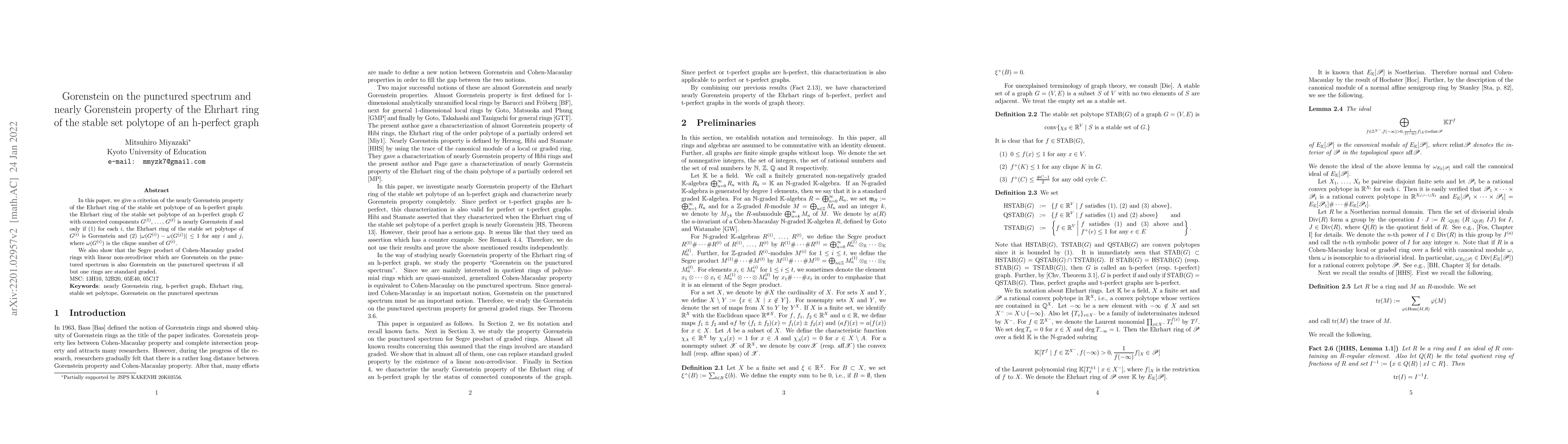 Thumbnail for Gorenstein on the punctured spectrum and nearly Gorenstein property of
  the Ehrhart ring of the stable set polytope of an h-perfect graph