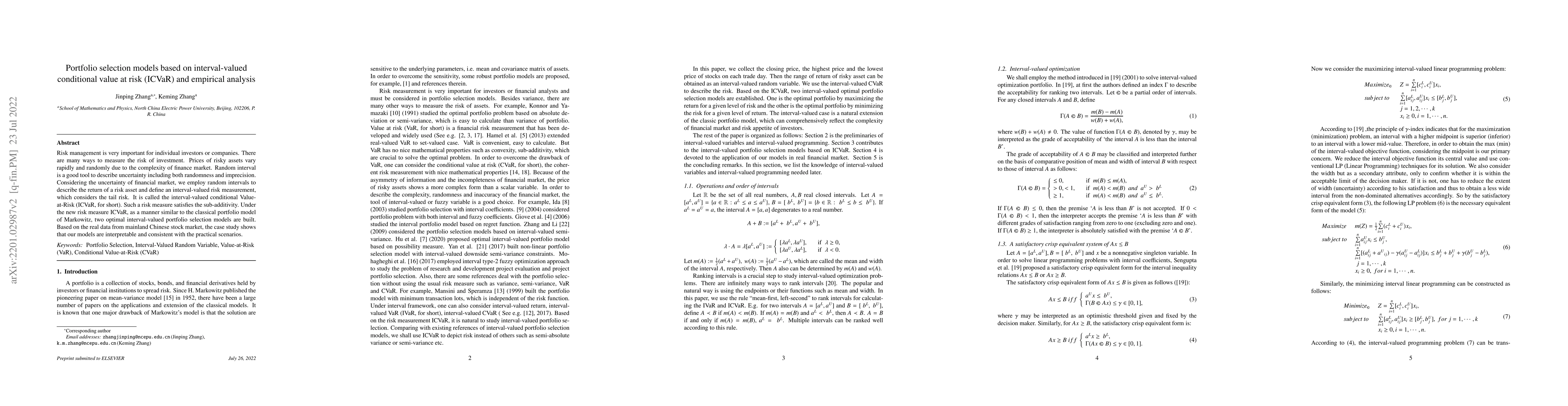 Thumbnail for Portfolio selection models based on interval-valued conditional value at
  risk (ICVaR) and empirical analysis