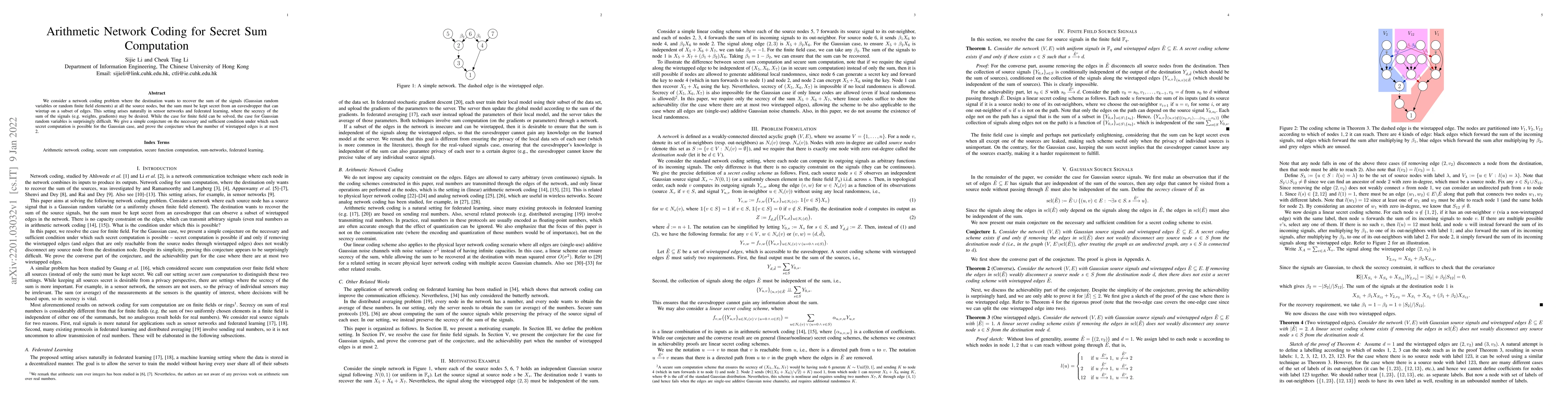 Thumbnail for Arithmetic Network Coding for Secret Sum Computation