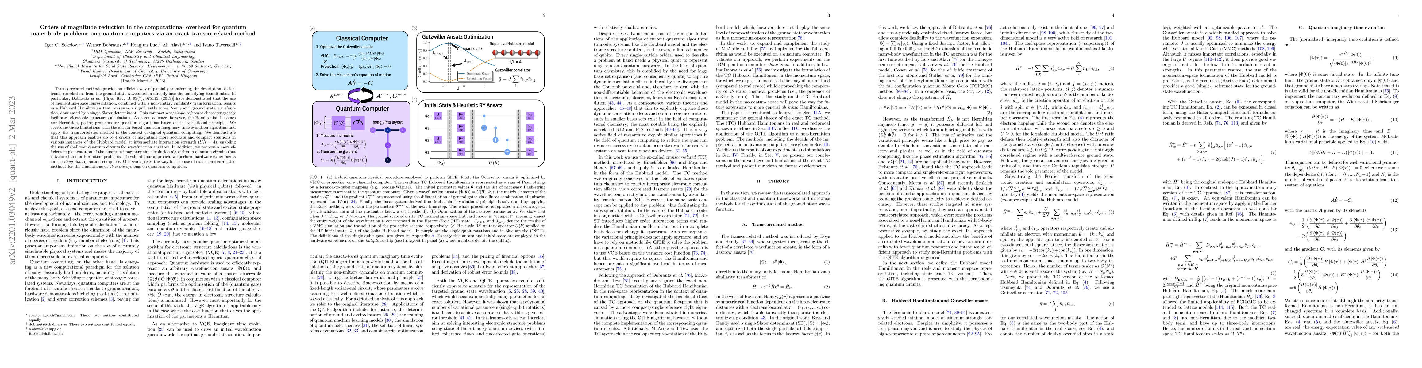 Thumbnail for Orders of magnitude reduction in the computational overhead for quantum
  many-body problems on quantum computers via an exact transcorrelated method