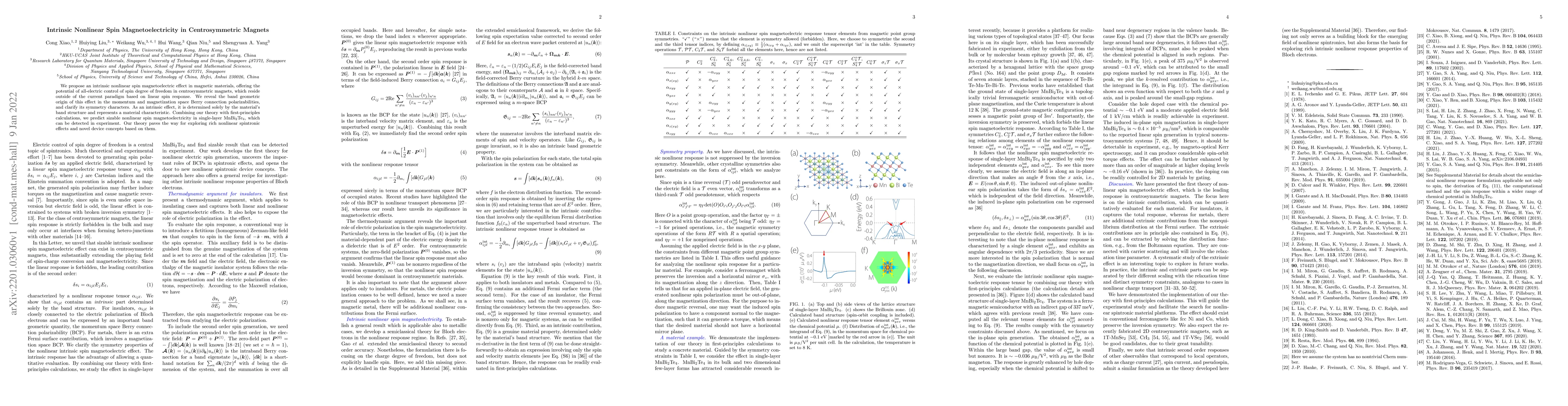 Thumbnail for Intrinsic Nonlinear Spin Magnetoelectricity in Centrosymmetric Magnets