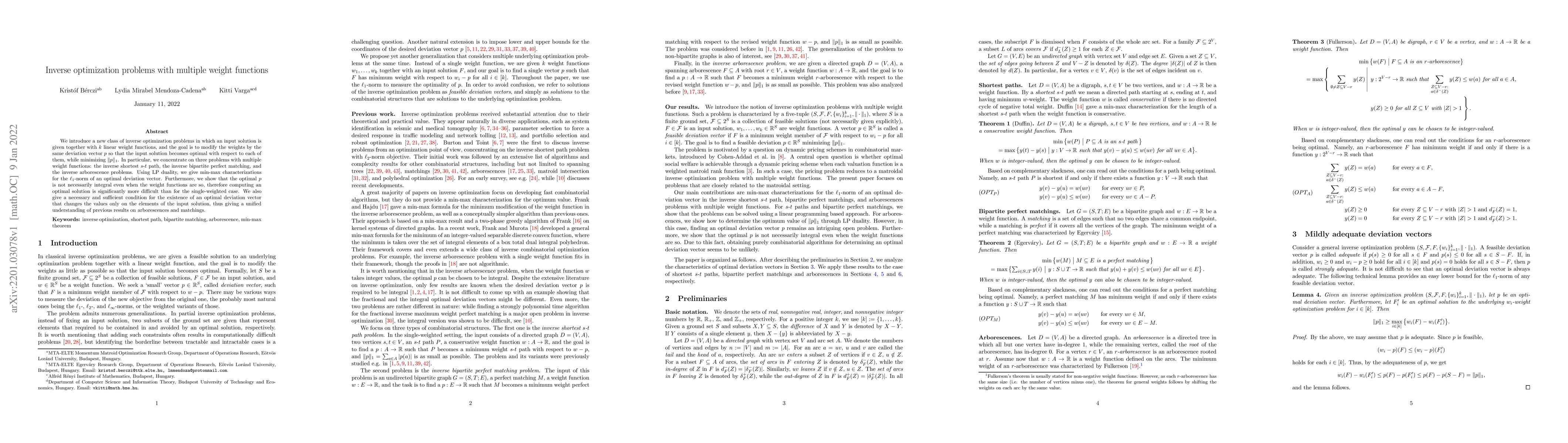Thumbnail for Inverse optimization problems with multiple weight functions