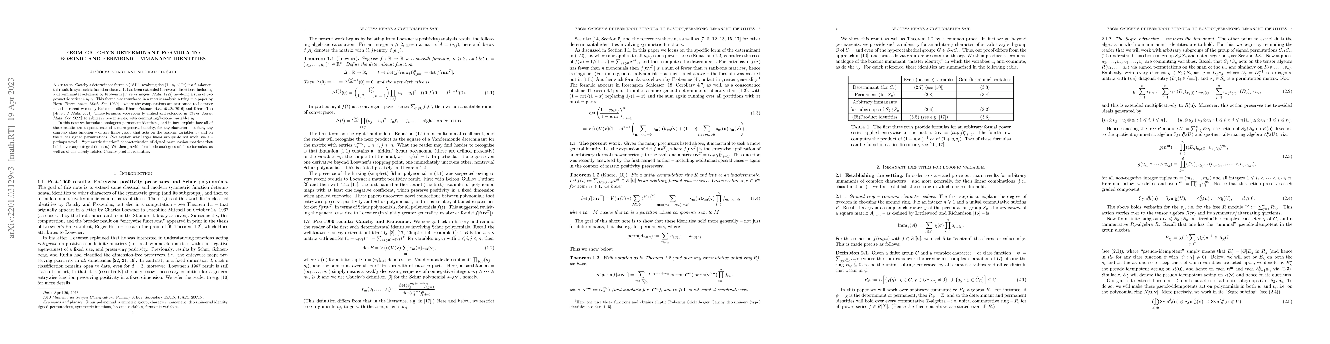 Thumbnail for From Cauchy's determinant formula to bosonic and fermionic immanant
  identities