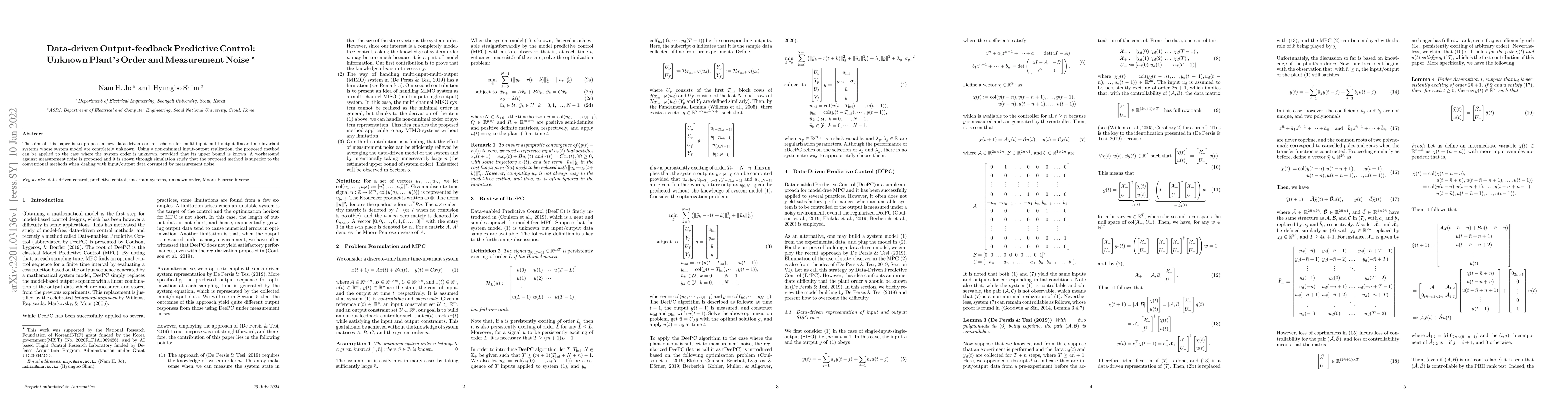 Thumbnail for Data-driven Output-feedback Predictive Control: Unknown Plant's Order
  and Measurement Noise