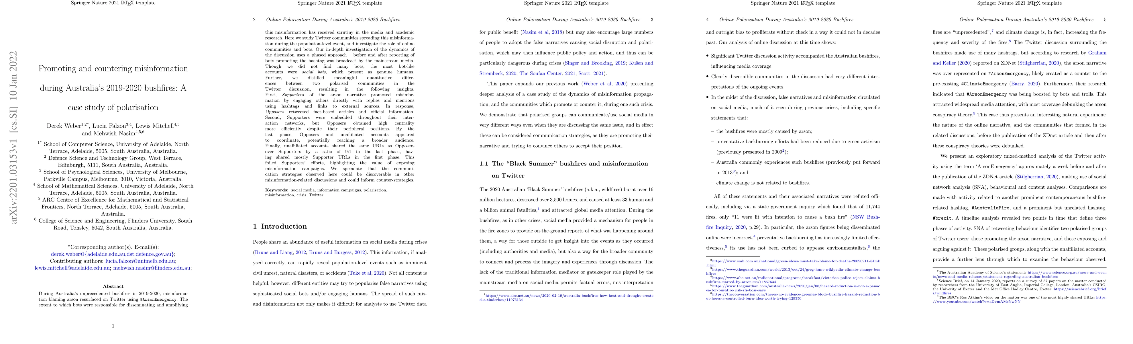 Thumbnail for Promoting and countering misinformation during Australia's 2019-2020
  bushfires: A case study of polarisation