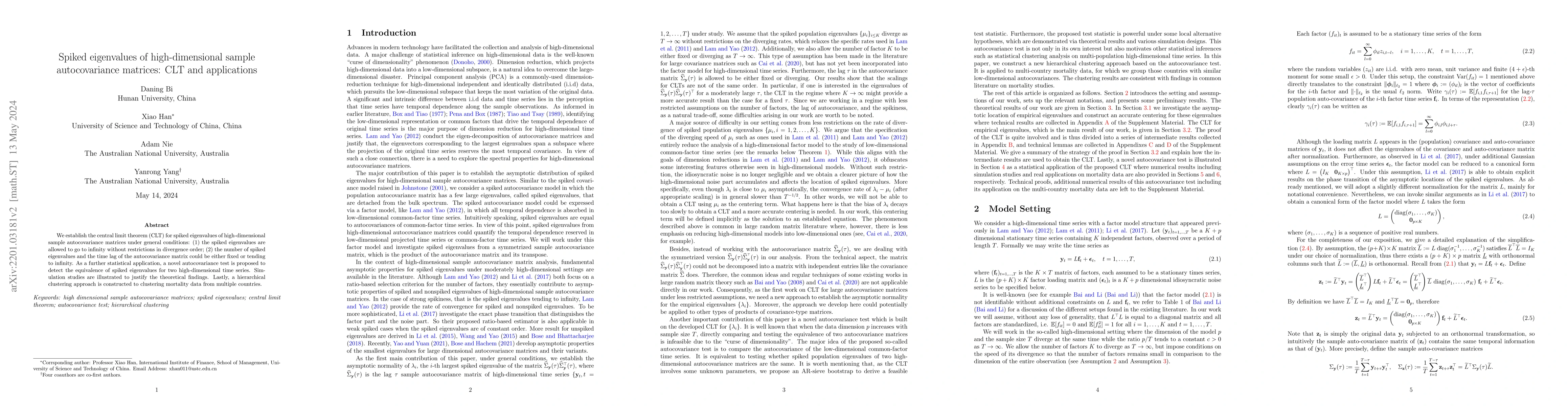 Thumbnail for Spiked eigenvalues of high-dimensional sample autocovariance matrices:
  CLT and applications