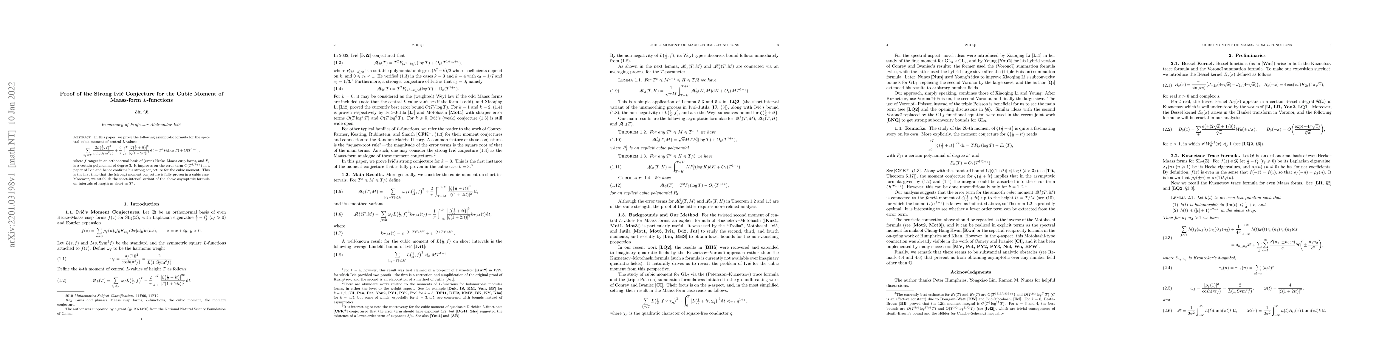 Thumbnail for Proof of the Strong Ivi\'c Conjecture for the Cubic Moment of Maass-form
  $L$-functions