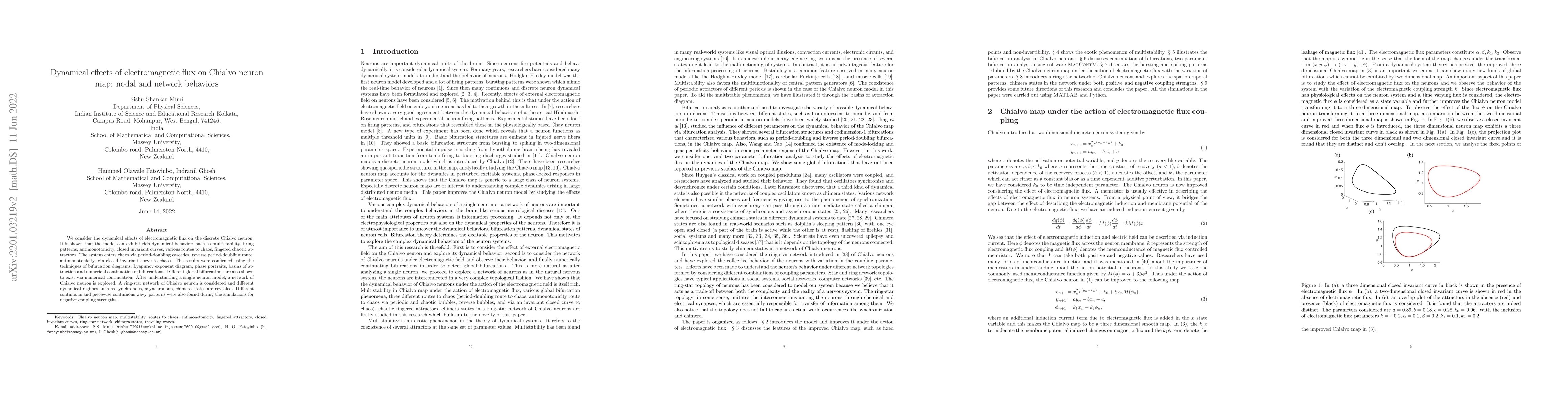 Thumbnail for Dynamical effects of electromagnetic flux on Chialvo neuron map: nodal
  and network behaviors