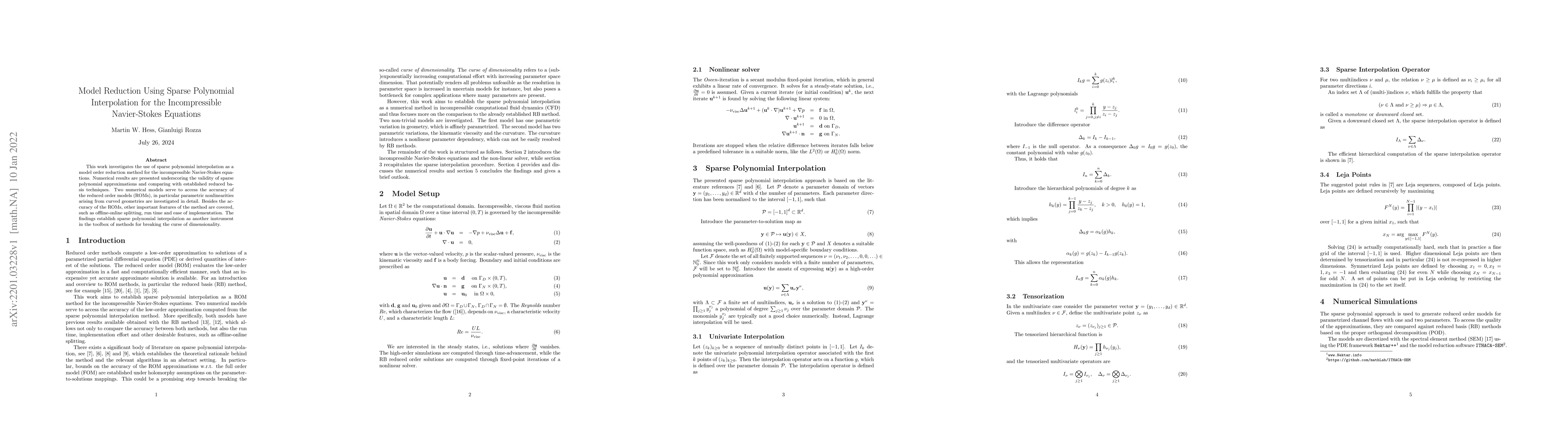 Thumbnail for Model Reduction Using Sparse Polynomial Interpolation for the
  Incompressible Navier-Stokes Equations