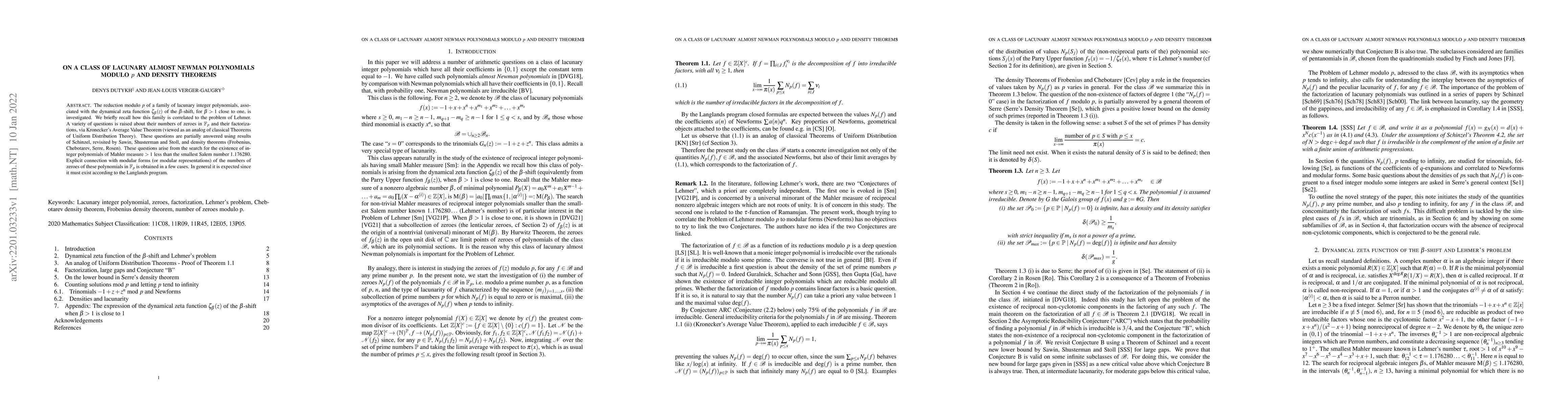 Thumbnail for On a class of lacunary almost Newman polynomials modulo p and density
  theorems