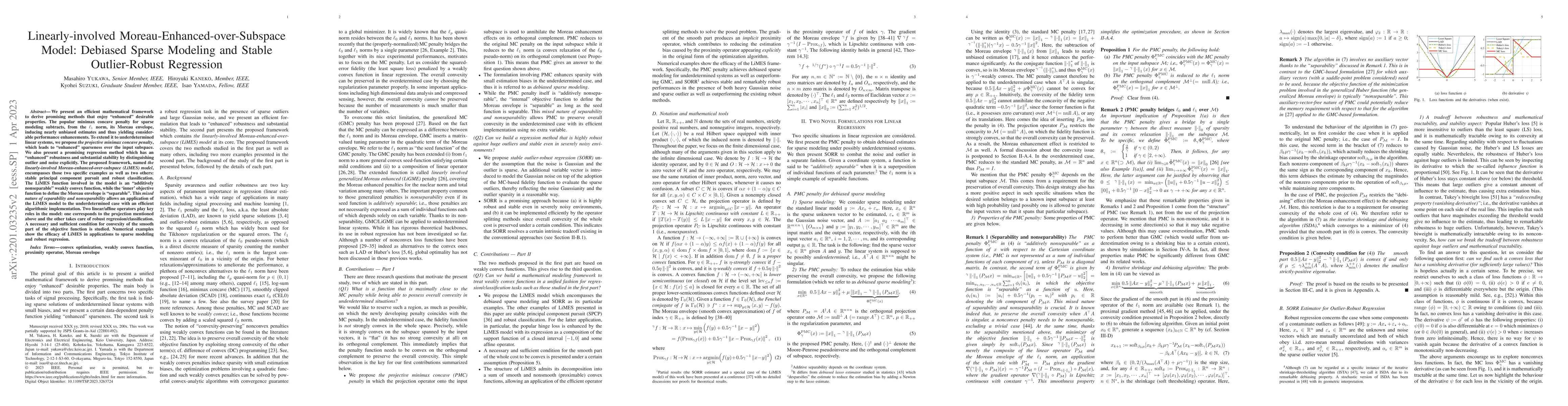 Thumbnail for Linearly-involved Moreau-Enhanced-over-Subspace Model: Debiased Sparse
  Modeling and Stable Outlier-Robust Regression