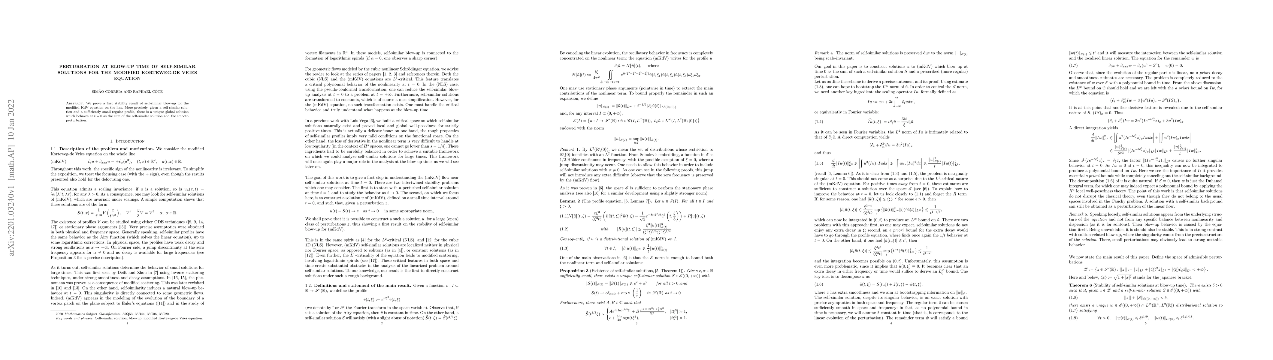 Thumbnail for Perturbation at blow-up time of self-similar solutions for the modified
  Korteweg-de Vries equation