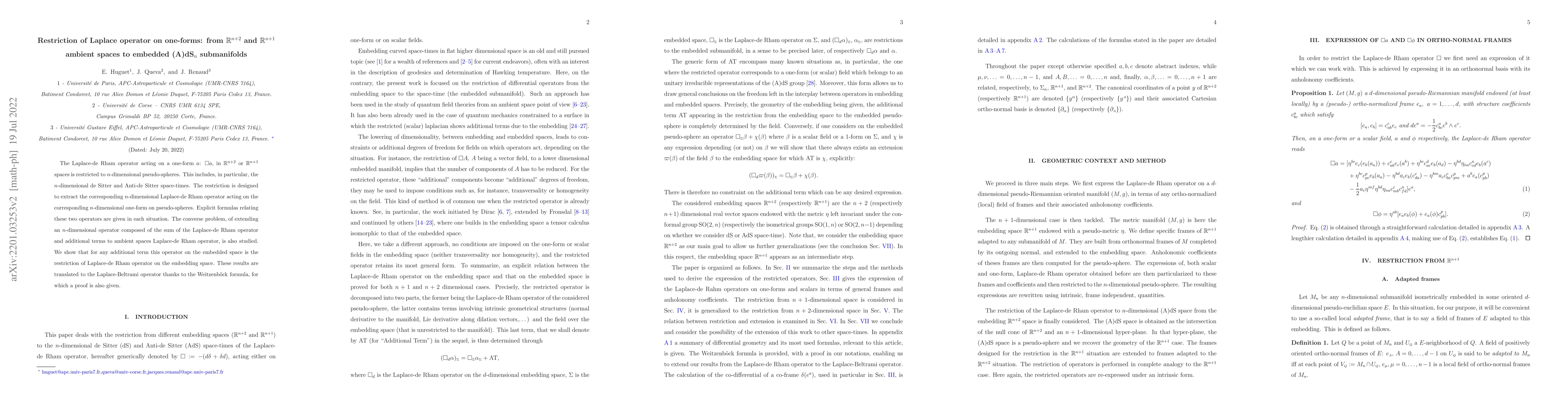 Thumbnail for Restriction of Laplace operator on one-forms: from $\mathbb{R}^{n+2}$
  and $\mathbb{R}^{n+1}$ ambient spaces to embedded (A)dS$_n$ submanifolds