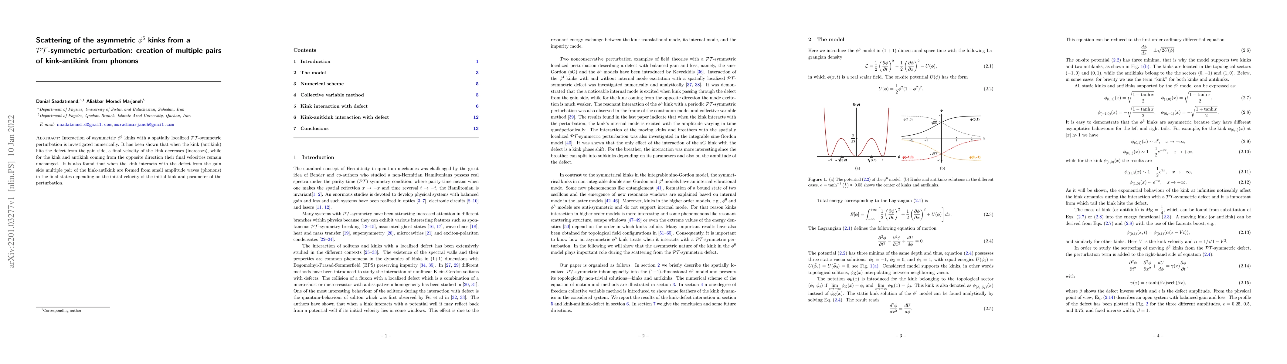 Thumbnail for Scattering of the asymmetric $\phi^6$ kinks from a
  $\mathcal{PT}$-symmetric perturbation: Creation of multiple pairs of
  kink-antikink from phonons
